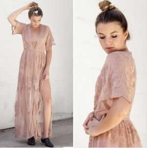 Honey Punch Mocha Tan Short Sleeve Lace Overlay Deep V Cut Maxi Romper Dress